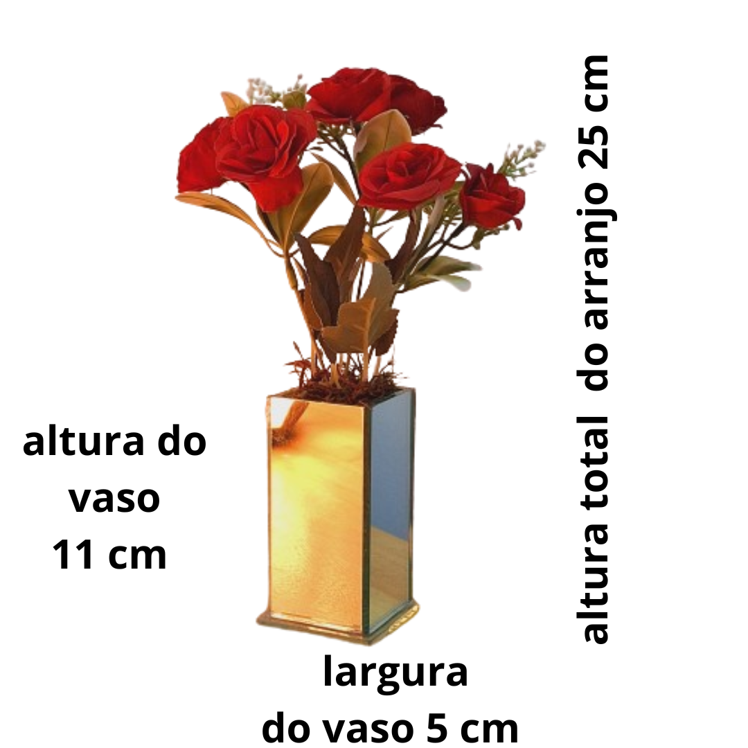 Arranjo de Rosas Vermelhas Artificiais com Vaso Espelho Pronto para Presentear ! - 2