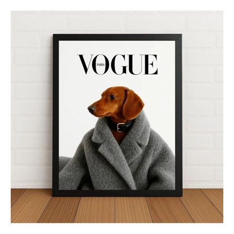 Quadro Salsicha Fashion Estilo Vogue 33x24cm com Vidro Preto