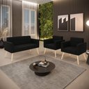 Ver imagem 2 de Kit 1 Sofá Namoradeira e 2 Poltronas Elisa Suede Preto Pés Palito Natural - D'Rossi DRossi