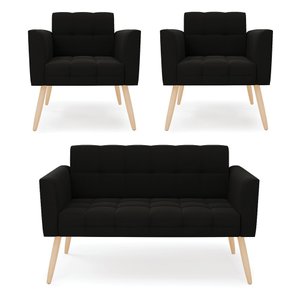 Kit 1 Sofá Namoradeira e 2 Poltronas Elisa Suede Preto Pés Palito Natural - D'Rossi DRossi