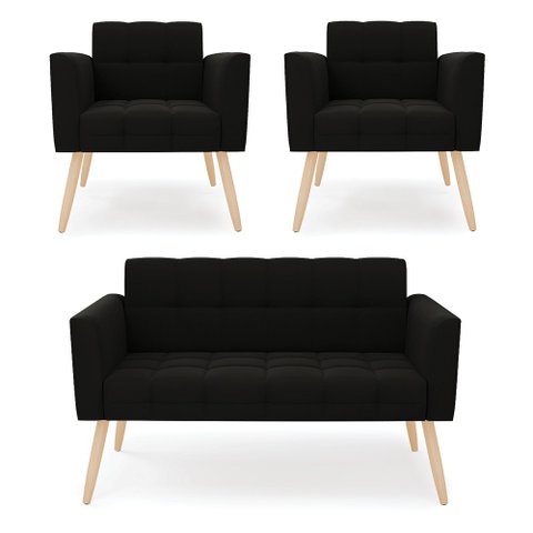Kit 1 Sofá Namoradeira e 2 Poltronas Elisa Suede Preto Pés Palito Natural - D’Rossi