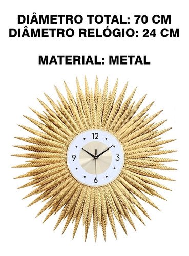 Relógio De Parede Dourado Luxuoso Metal Design Europeu 70cm - 9