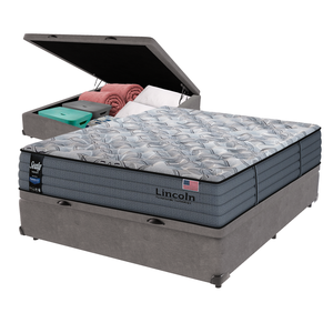 Cama Box Baú Cinza e Colchão Casal Lincoln Molas Ensacadas Sealy
