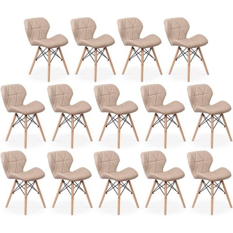 Kit 14 Cadeiras de Jantar Charles Eames Slim Wood Estofada - Nude