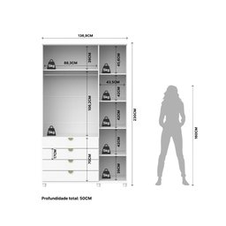 Guarda-roupa Solteiro com Espelho 3 Portas 4 Gavetas 100% Mdf Look 136 Cm - Branco Fosco C/ - 6