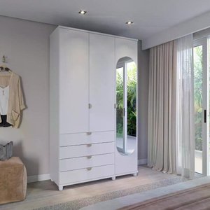 Guarda-roupa Solteiro com Espelho 3 Portas 4 Gavetas 100% Mdf Look 136 Cm - Branco Fosco C/