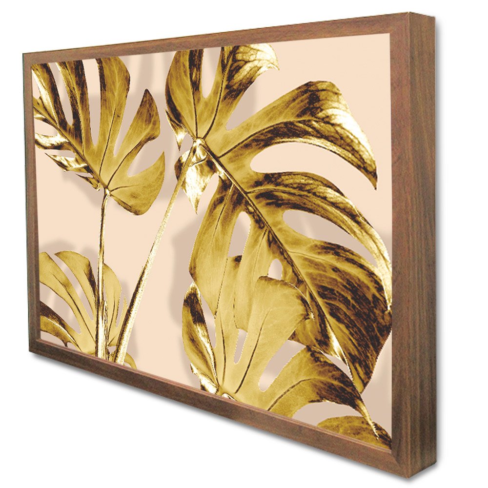 Quadro Decorativo Caixa Floral Folhas de Ouro Tacolado Moldura Caixa Alta 4,5cm Preta com Vidro 20 X - 4