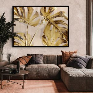 Quadro Decorativo Caixa Floral Folhas de Ouro Tacolado Moldura Caixa Alta 4,5cm Preta com Vidro 20 X