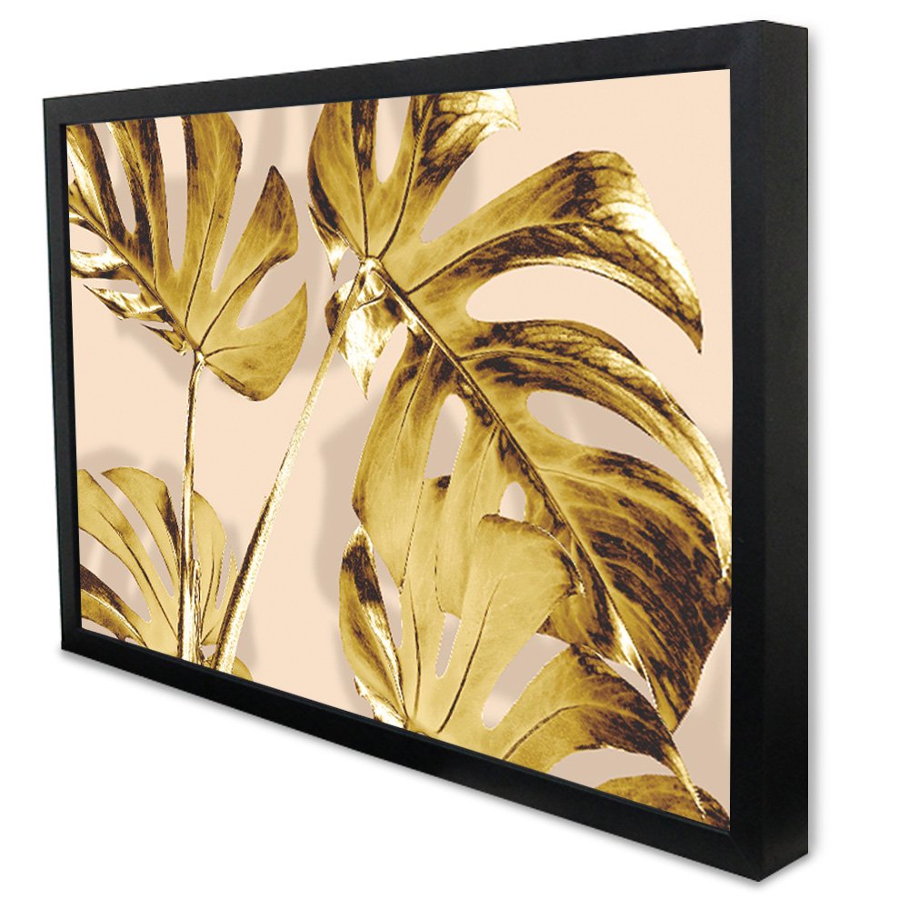 Quadro Decorativo Caixa Floral Folhas de Ouro Tacolado Moldura Caixa Alta 4,5cm Preta com Vidro 20 X - 3