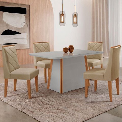 Mesa Jantar Diane 120cm Tampo MDF e Vidro 4 Cadeiras Isadora Moderna Turim 07 Naturale Serigrafia