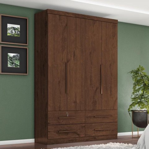 Guarda Roupa Solteiro Maximus 4 Portas Bater 4 Gavetas MDP Jacarandá Fosco Zanzini Móveis 153,8cm