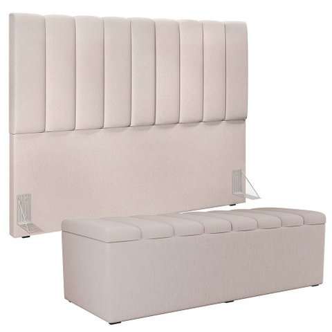 Kit Cabeceira Cama Box Queen 160cm com Calçadeira Baú Dália W01 Linho Cru - Lyam Decor