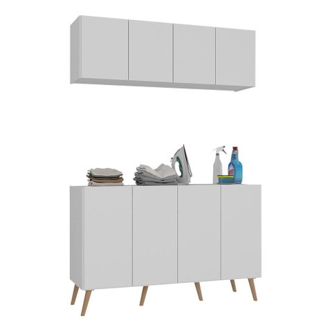 Conjunto Lavanderia Retrô Multiuso Armário Aéreo e Balcão 4 Portas Multimóveis Mp5053 Branco/