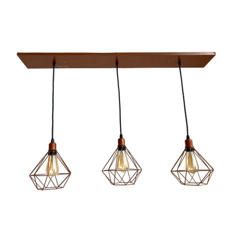 Trio Aramado Diamante Pequeno Poptem Canopla Múltipla Reta 97Cm Cobre Metal 19Cm Luminária Lustre Sa
