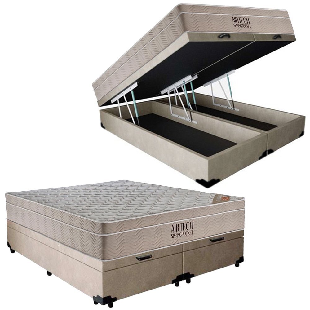 Cama Box Baú Casal Suede Bipartido + Colchão Ortobom Airtech Molas Ensacadas 138x188x65 Cor:bege