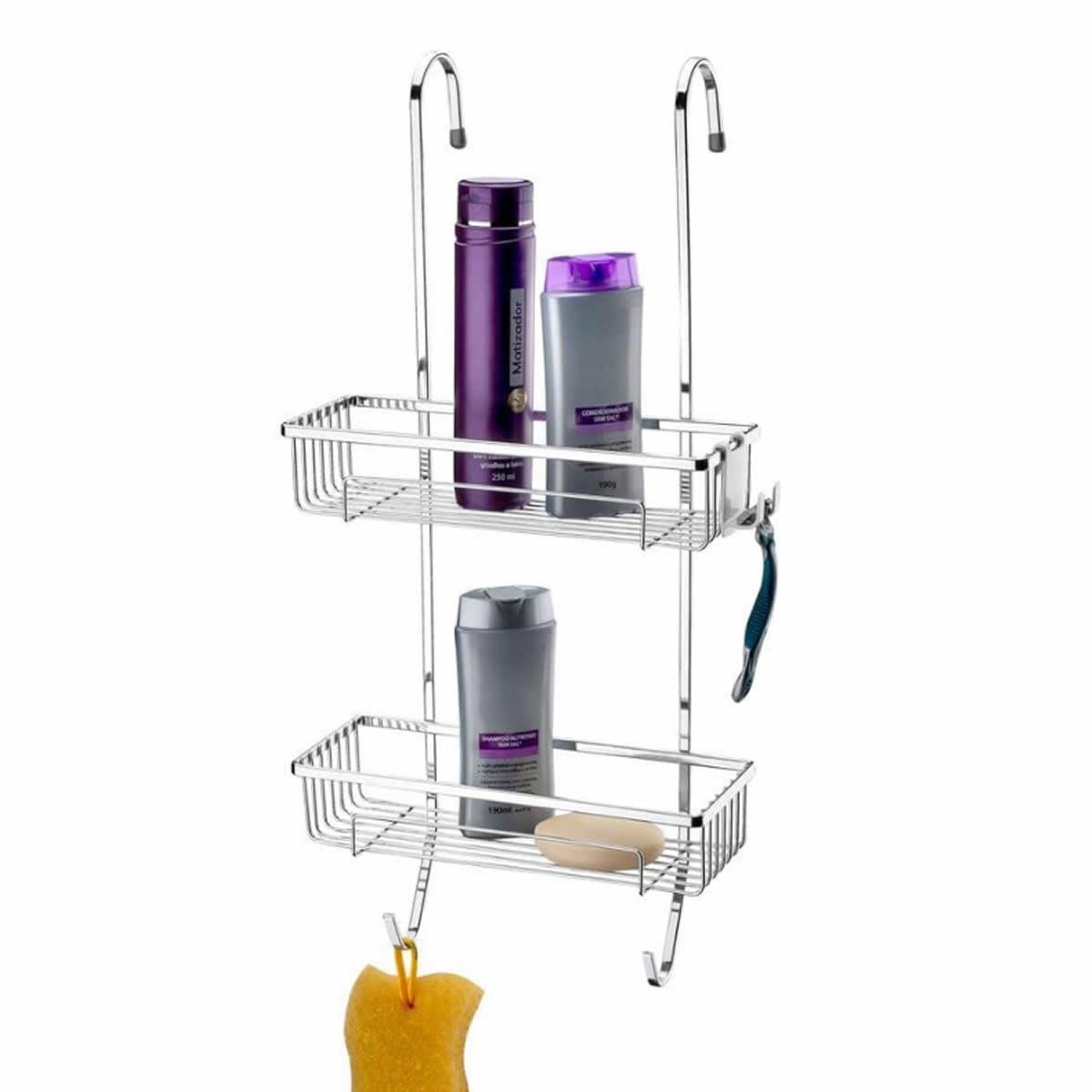 Suporte Duplo com Ganchos para Box sem Furo Porta Shampoo - 1