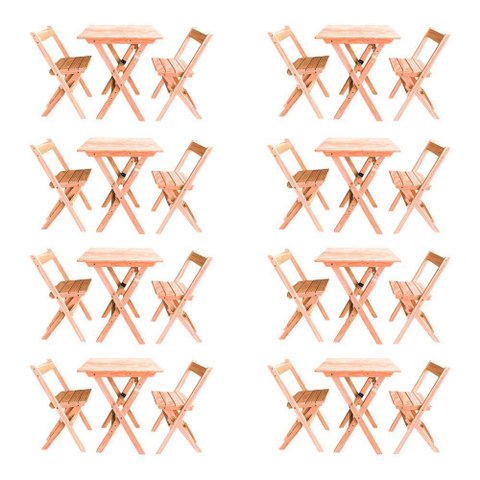 Kit 8 Conjuntos Mesa Dobrável para Bar e Restaurante 60x60cm com 2 Cadeiras em Madeira Maciça -