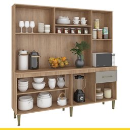 Armário para Cozinha Completo Arizona 181 Cm Porta Vidro Balcão Tampo MDP Carvalho Cinza - ClickLar - 3
