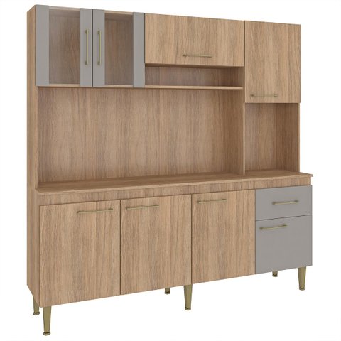 Armário para Cozinha Completo Arizona 181 Cm Porta Vidro Balcão Tampo MDP Carvalho Cinza - ClickLar