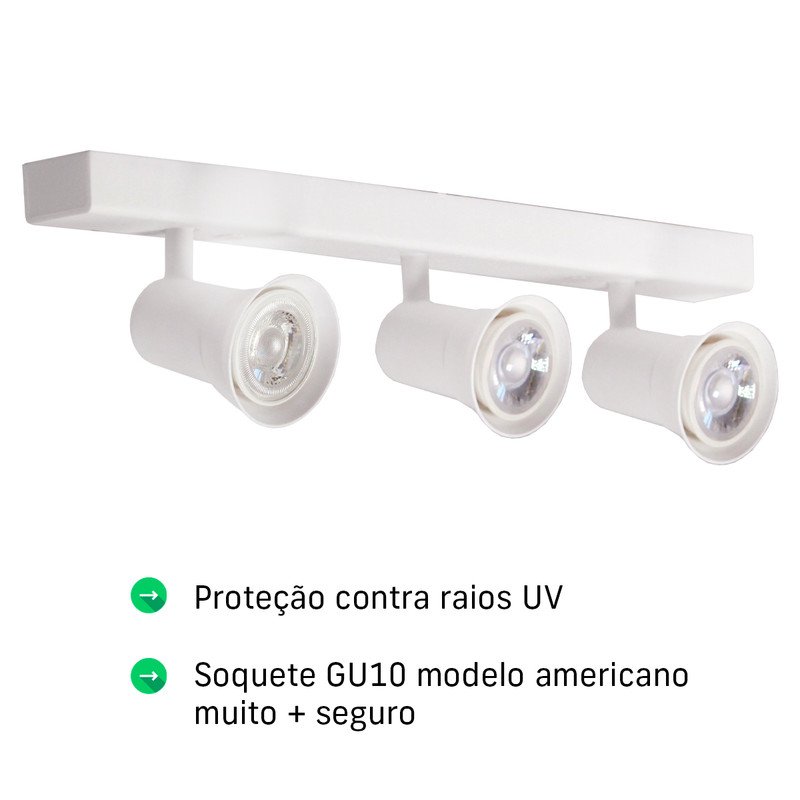 Trilho Eletrificado 42cm 3 Spots Gu10 Dicroica com Conector + 3 Lâmpadas Cor:branco;temperatura:morn - 9