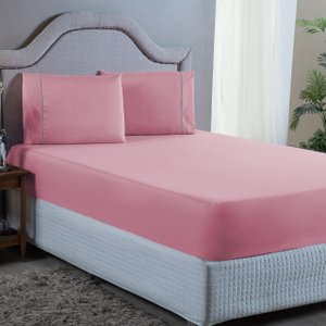 Jogo de Cama Casal com Elástico e Fronha 400 Fios com Ponto Palito 3 Peças Qualidade:rose