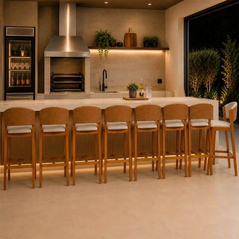 Kit 8 Banquetas Alta Madeira Maciça Encosto Estofado Linho Bancada Área Gourmet Movellu Home
