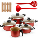 Ver imagem 1 de Jogo de Panelas 05 Peças Antiaderentes C/ Tampas de Vidro + 05 Descansos Quadrados + Concha e Escuma