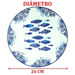 Jogo Prato Raso Jantar 12 Pessoas 12pçs Peixe Mar Praia 26cm - 2