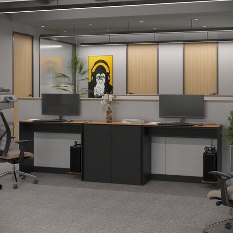 Conjunto de Escritório 3 Peças Smart Office 2 Mesas e 1 Aparador Buffet - Preto e Cedro