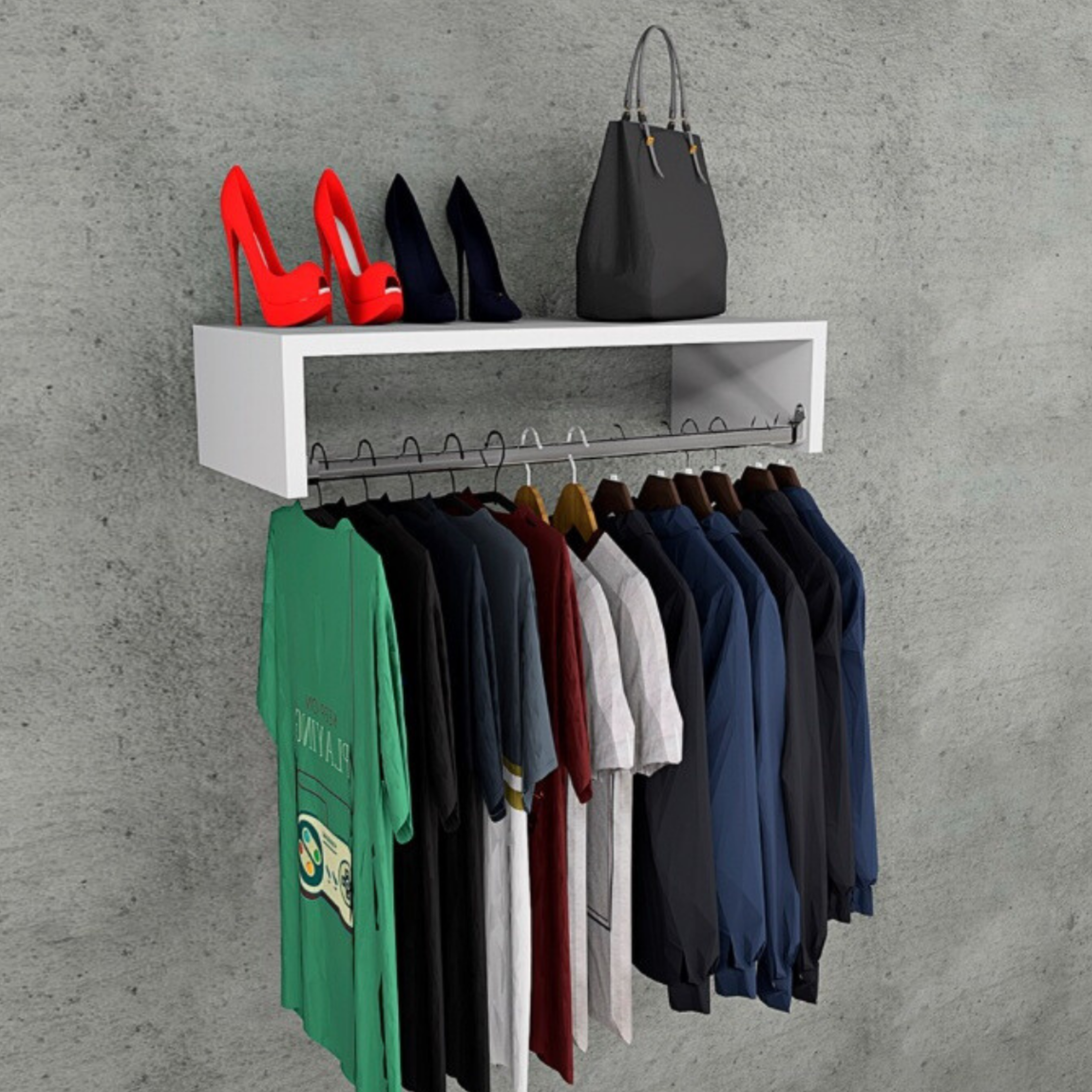 Cabideiro Arara de Parede com Prateleira Porta Roupas Quarto Closet Loja - 3