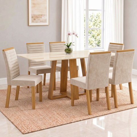 Conjunto Sala de Jantar Mesa Lisa 160cm Tampo MDF Canto Reto 6 Cadeiras Tainá