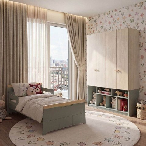 Quarto Infantil Cama Kit Grades Petit e Guarda Roupa Curió 4 Portas Casatema MadeiraOriginals Verde