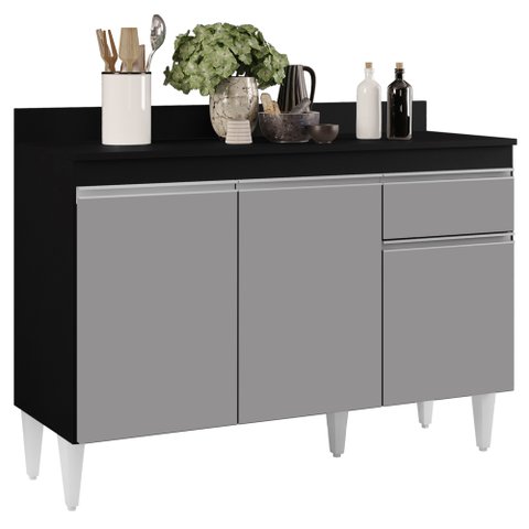 Balcão Gabinete 120cm Com Tampo 3 Portas 1 Gaveta Arizona Preto/Cinza - Lumil Móveis