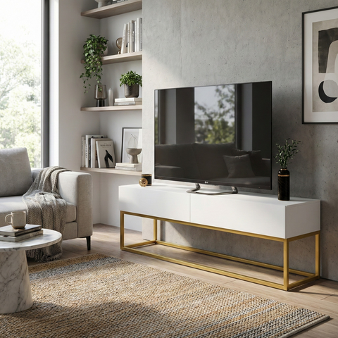 Rack Eros 140cm com Base Metálica Industrial Minimalista com Gavetas:branco/dourado
