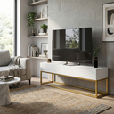 Ver imagem 1 de Rack Eros 140cm com Base Metálica Industrial Minimalista com Gavetas:branco/dourado
