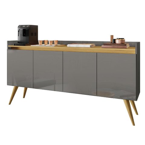 Aparador Buffet Sala Gold 4 Portas com Pés de Madeira Maciça Cinza/mel
