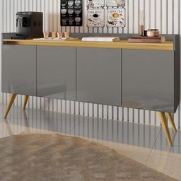 Aparador Buffet Sala Gold 4 Portas com Pés de Madeira Maciça Cinza/mel - 2