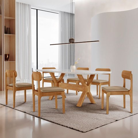 Sala de Jantar Mesa Star 180cm Tampo Laqueado Canto Moeda e 6 Cadeiras Star Moderna Mobília