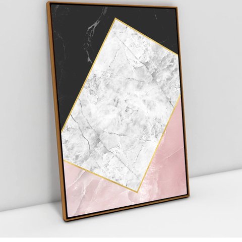 Quadro Decorativo em Canvas Geométrico Black e Pink TaColado Moldura Flutuante 4,5cm Freijó 90 x 60c