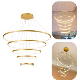 Lustre Pendente Moderno Dourado 5 Aneis Arcos para Pe Direito Duplo Top Original 5 Metros - 1