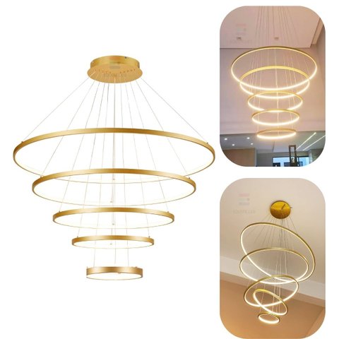 Lustre Pendente Moderno Dourado 5 Aneis Arcos para Pe Direito Duplo Top Original 5 Metros