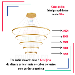 Lustre Pendente Moderno Dourado 5 Aneis Arcos para Pe Direito Duplo Top Original 5 Metros - 2