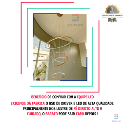 Lustre Pendente Moderno Dourado 5 Aneis Arcos para Pe Direito Duplo Top Original 5 Metros - 5