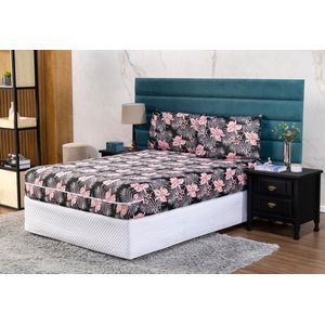 Capa de Colchão Solteiro 25cm + Fronha Protetor com Zíper Malha Estampada:23 Flor Rosa e Cinza