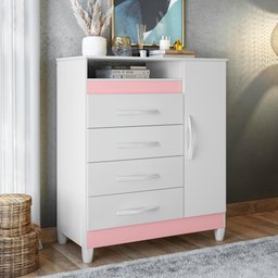 Cômoda Reyna Branco Rosa Titanium Azul 4 Gavetas - 1