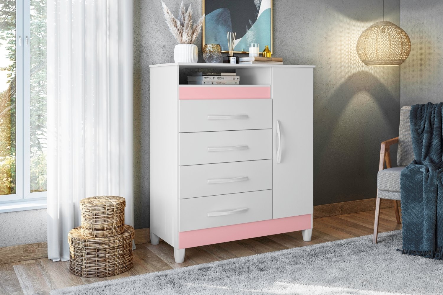 Cômoda Reyna Branco Rosa Titanium Azul 4 Gavetas - 11