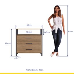 Cômoda Multiuso Estilo Industrial 85 x 87 x 45 Cm 3 Gavetas MDP Mel Preto - ClickLar - 3