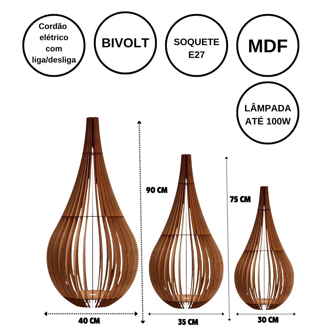 Abajur Grande de Chão CAPADÓCIA MDF Luminária -:Marrom/Kit com 3 - 90x40cm, 75x40cm e 60x30cm - 4