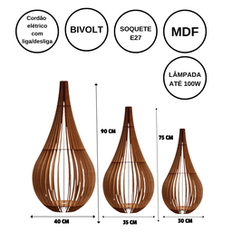 Abajur Grande de Chão CAPADÓCIA MDF Luminária -:Marrom/Kit com 3 - 90x40cm, 75x40cm e 60x30cm - 4