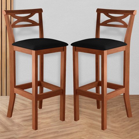 Kit 2 Banquetas Alta Estofada 38x104cm Ilha Encosto Madri Madeira Maciça Castanho Suede Preto - CCS